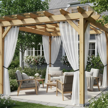 Semi Voile White Sheer Outdoor Curtains 4 Pcs 54x108 In | Light Filtering, Grommet Top Faux Linen Outdoor Dining