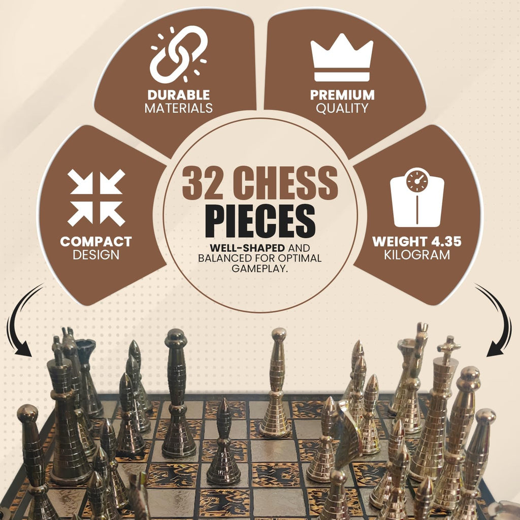 Collectible Metal Brass Chess Set Tribal Warli Art in Leather Storage Box. (12 X 12 in)