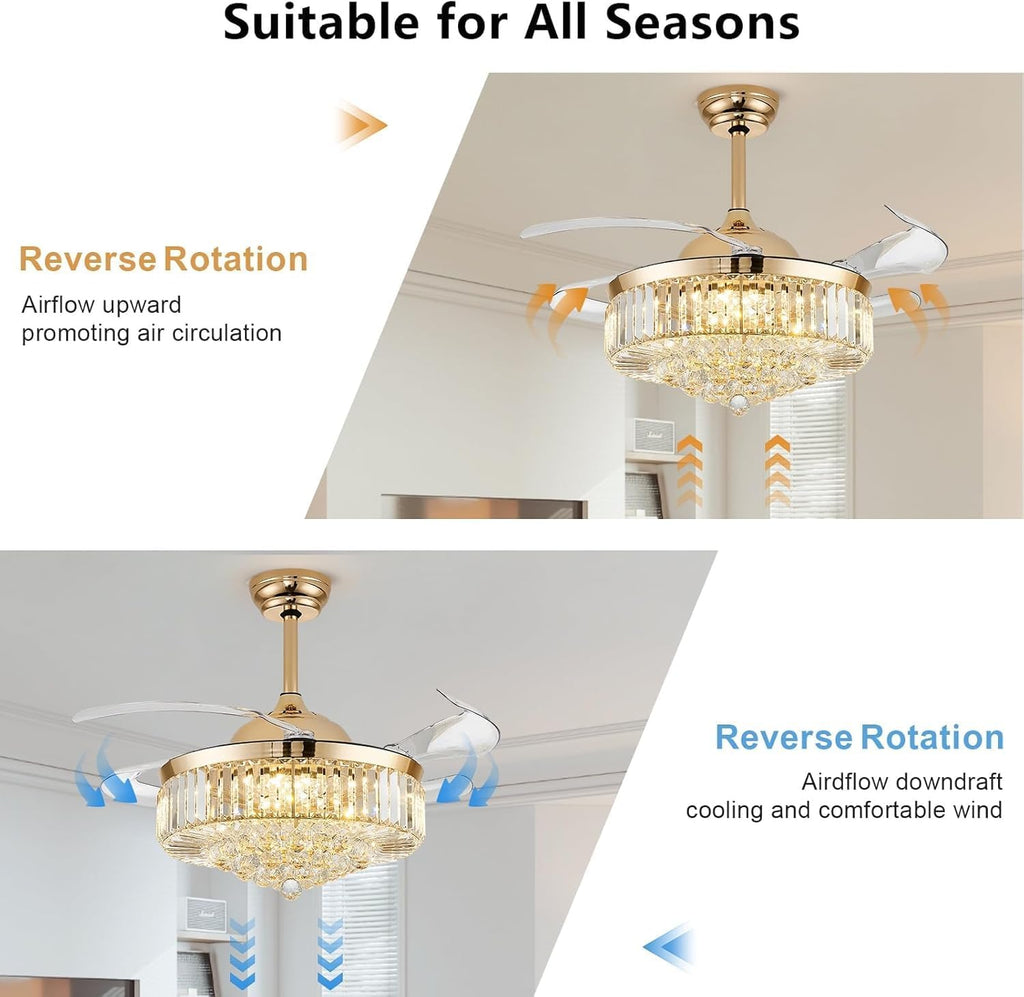 42'' Fandelier Ceiling Fans with Light, Chandelier Ceiling Fan, Retractable Crystal Ceiling Fan , 3 Color Change