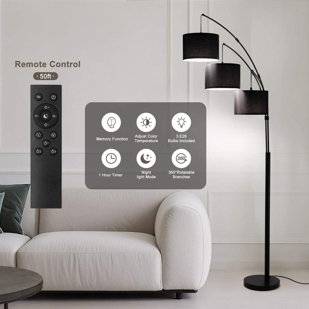 Floor lamp with Remote, 3 Light Arc Floor Lamps, Tall Standing Floor Lamps with Black Shades, 80" Large Floor