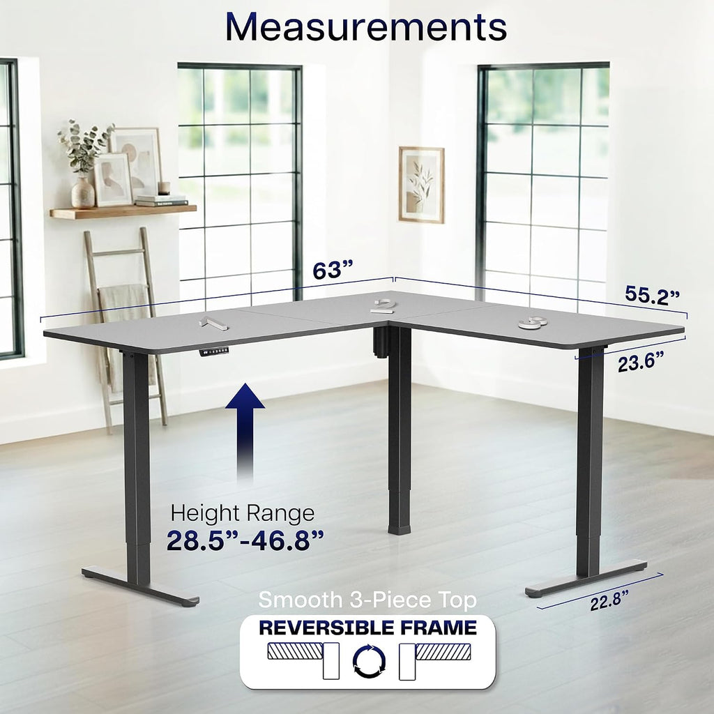 Black 63 x 55 in Corner Standing Desk, DESK-E3CTB | Electric, Holds 225 lbs, Reversible L-Shaped Table, Sit Stand