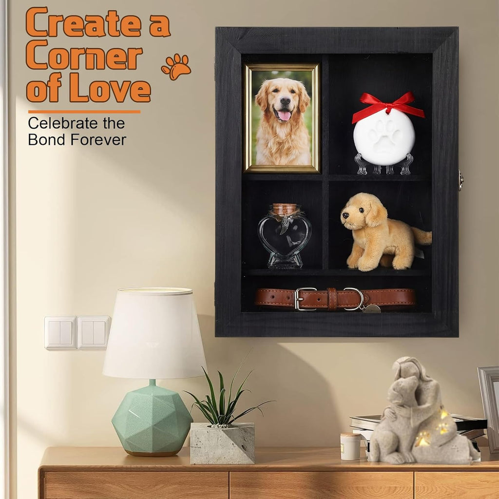 Black Pet Memorial Shadow Box with Heart Glass Bottle 14 x 11 in Dog Paw Print Clay Keepsake Display Frame for Lost