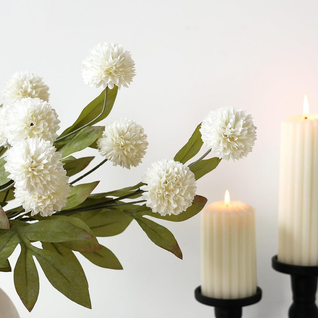 6 Pcs 27" Faux Silk Pompon Mum Artificial Flowers for Vase(Cream) | Bulk Fake Chrysanth Branches with Stems, for DIY