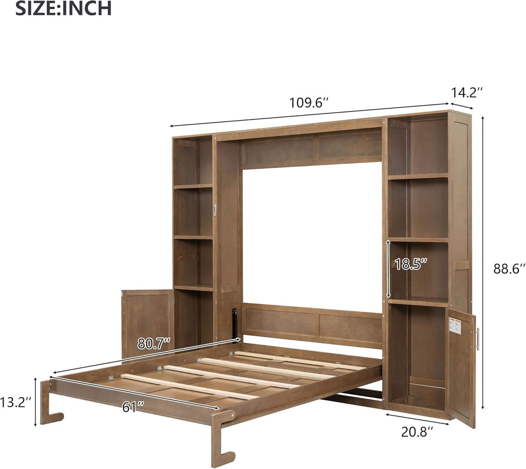 Queen Murphy Bed with Storage, Solid Wood Hidden Wall Bed Frame with Cabinets, Farmhouse Murphy Bed Fame, Can Be