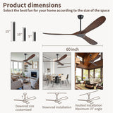 60" Ceiling Fans Without Lights, 60 Inch Outdoor Ceiling Fans no Lights, 3 Blade Solid Wood Damp Rated Ceiling Fan with Remote Control for Living Room Gazebo Farmhouse/Patios Porch - Dark Walnut