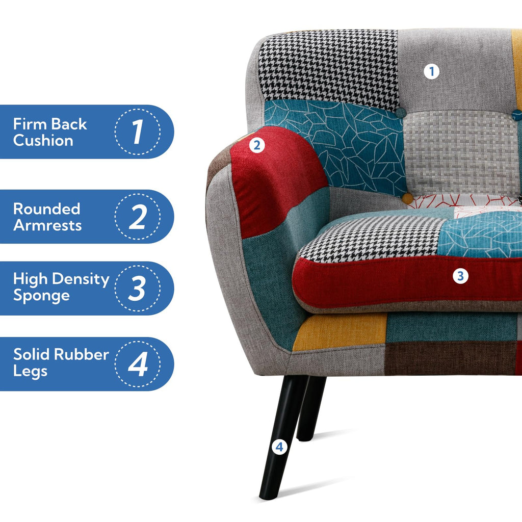 Modern Boho Loveseat Couch Sofa Chair Bedroom, Upholstered Colorful Plaid Fabric 2-Seat Love Seat Sofa with Wood Leg