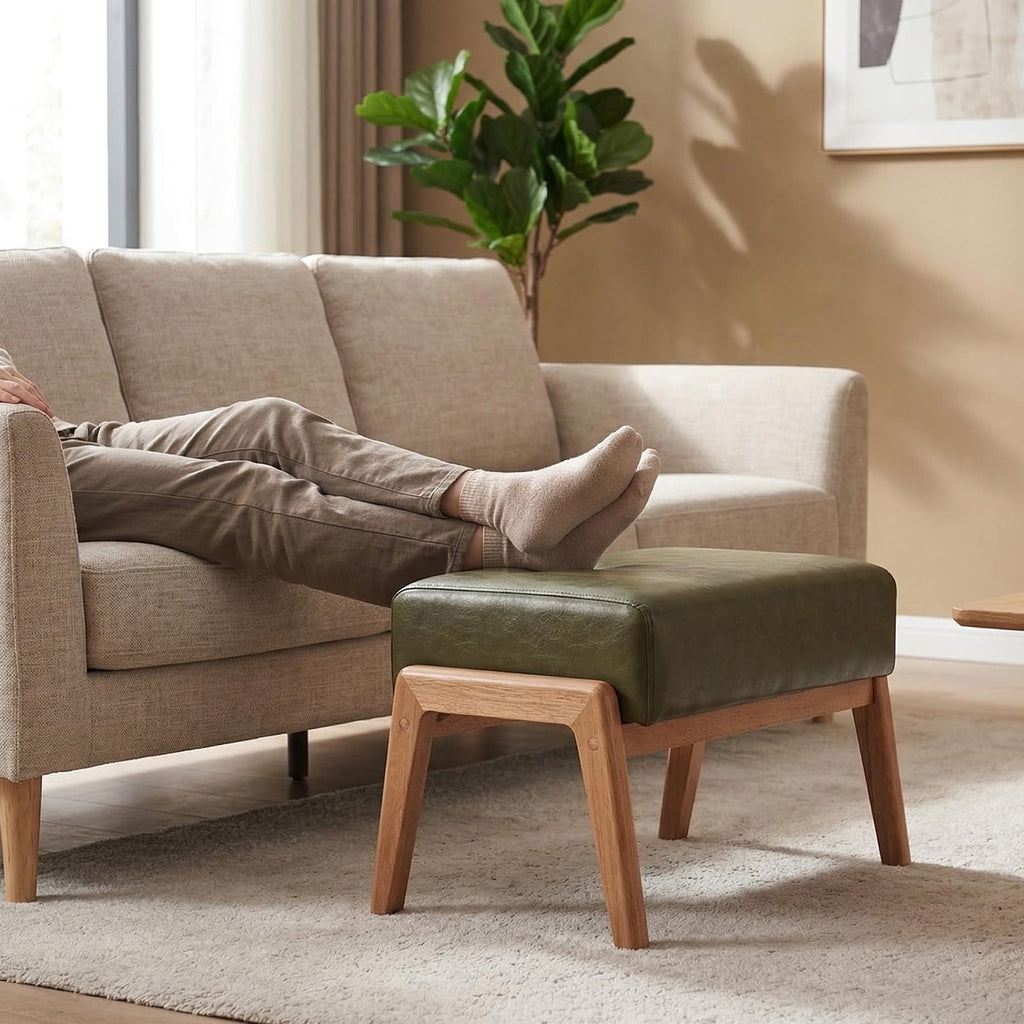 Modern Ottoman Foot Stool, Faux Leather Accent Sofa Footrest with Walnut Rubber Wood Frame, Ottoman Bench Entryway
