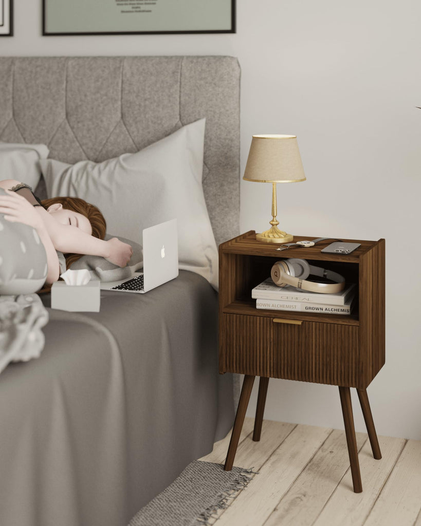 Nightstand, Modern Bedside Table with Storage Drawer and Open Wood Shelf, and Small Spaces, Accent Night Stand with