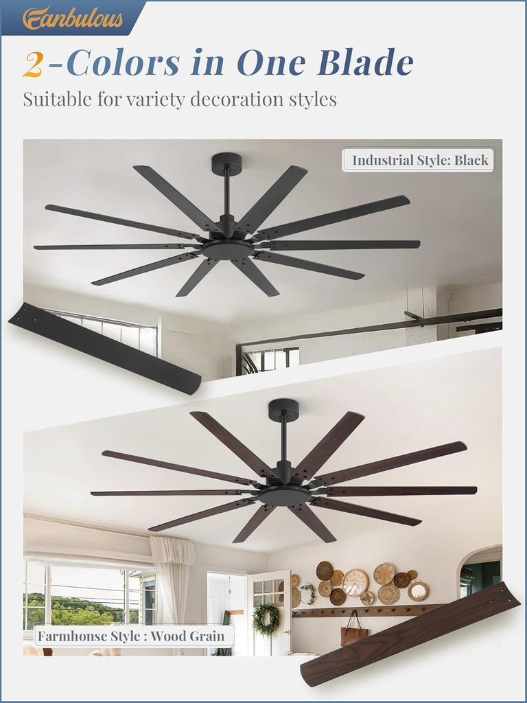 72 Inch Large Ceiling Fan Without Light, Modern Indoor/Outdoor Ceiling Fans No Light with Remote