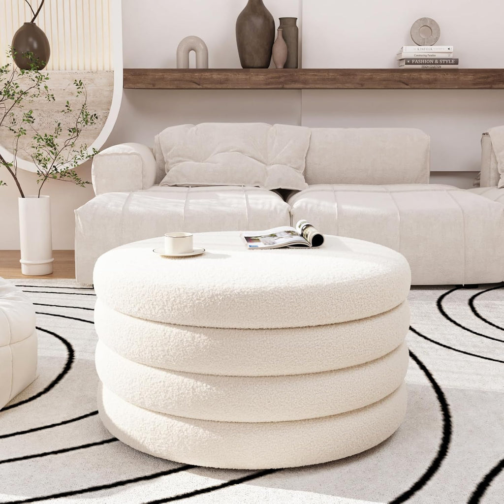30 Inch Round Ottoman with Storage,Large Sherpa Coffee Table | Modern Ottomans with Removable Lid