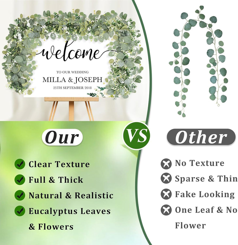 Artificial Eucalyptus Garland with Flowers, Faux Greenery Garland Decor 6FT Eucalyptus Vines, Fake Hanging - Set of 2