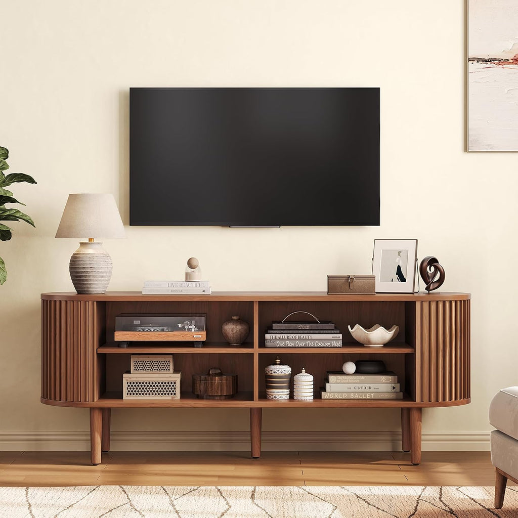 59" TV Stand for 65" TV with Power Outlet, Entertainment Center with Solid Wood Leg, Fluted TV Console with
