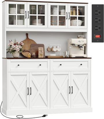 71''H x 55.1''W Pantry Cabinet with Charging Station, 4 Wide Cabinets Kitchen Pantry with 2 Drawers, Farmhouse Hutch