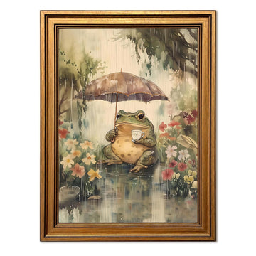 Vintage Gold Framed Whimsical Frog Wall Art, Cottagecore Frog Drinking Tea Under Umbrella Canvas Wall Decor
