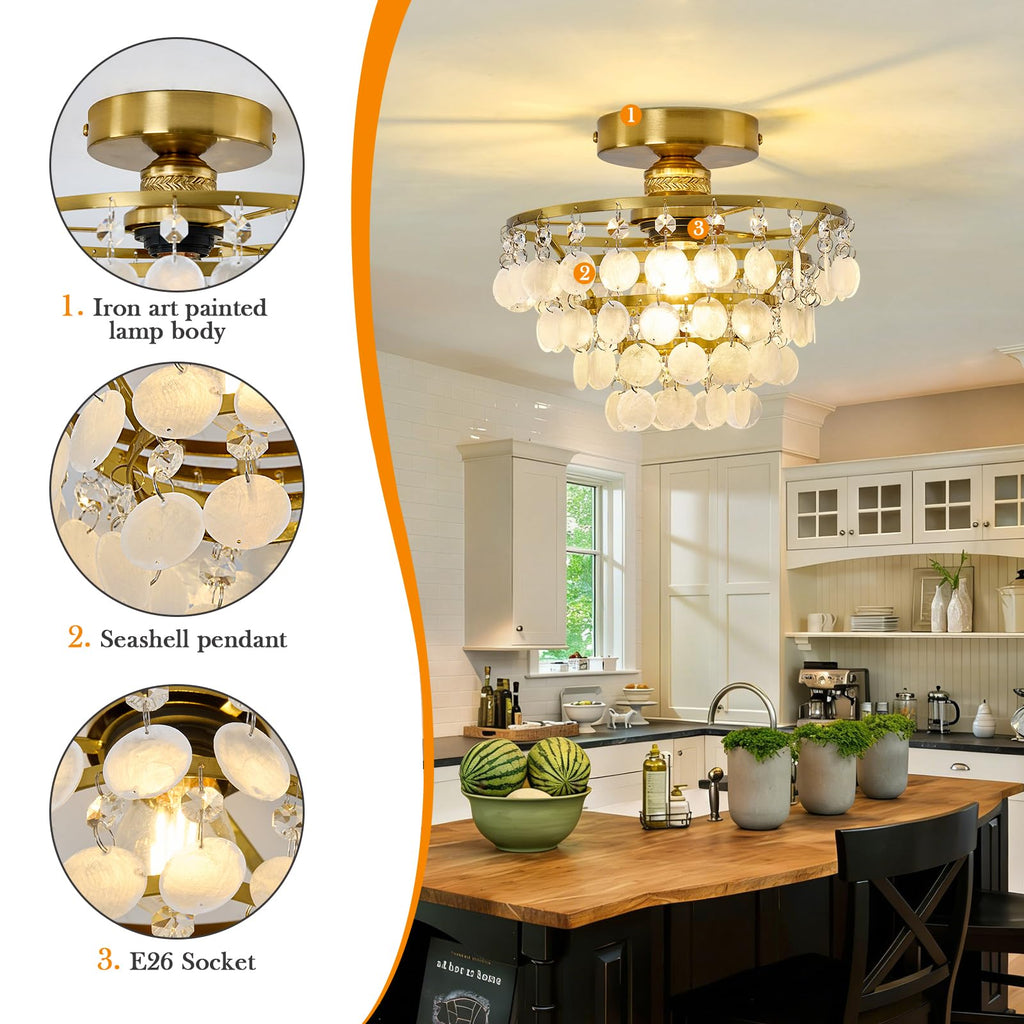 Capiz Shell Ceiling Light, Modern Gold Semi Flush Mount Chandelier with Crystal & Natural Seashell, Small Coastal