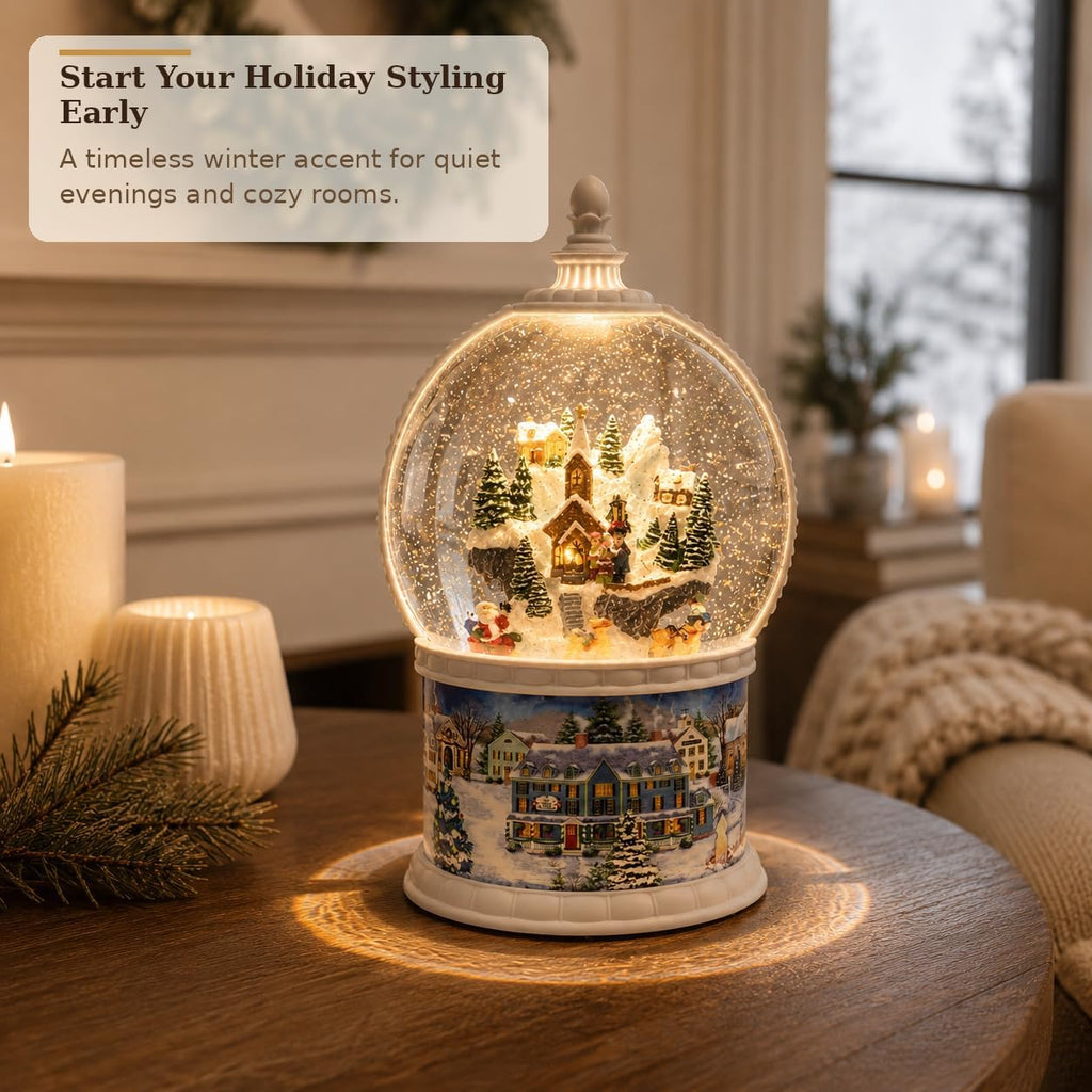 10.24" Large Christmas Snow Globe Lantern, Lighted Musical Winter Village with Swirling Glitter, Rotating Santa &