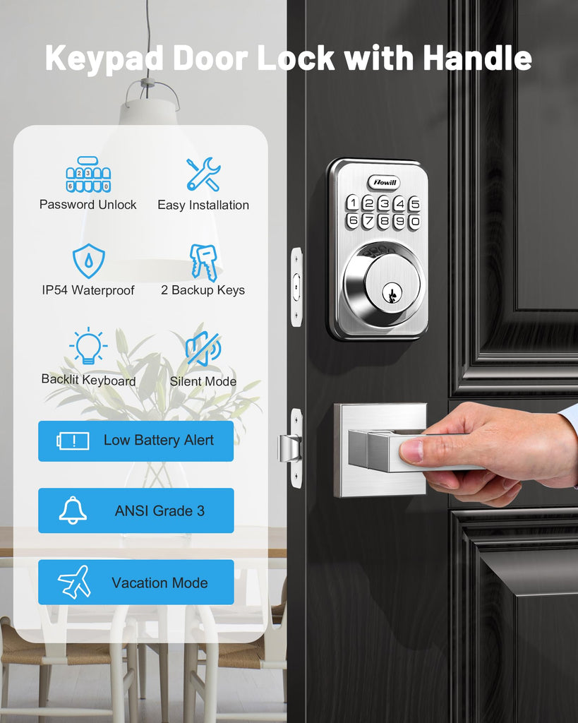 Keyless Entry Keypad Deadbolt Lock with Handles, Satin Nickel