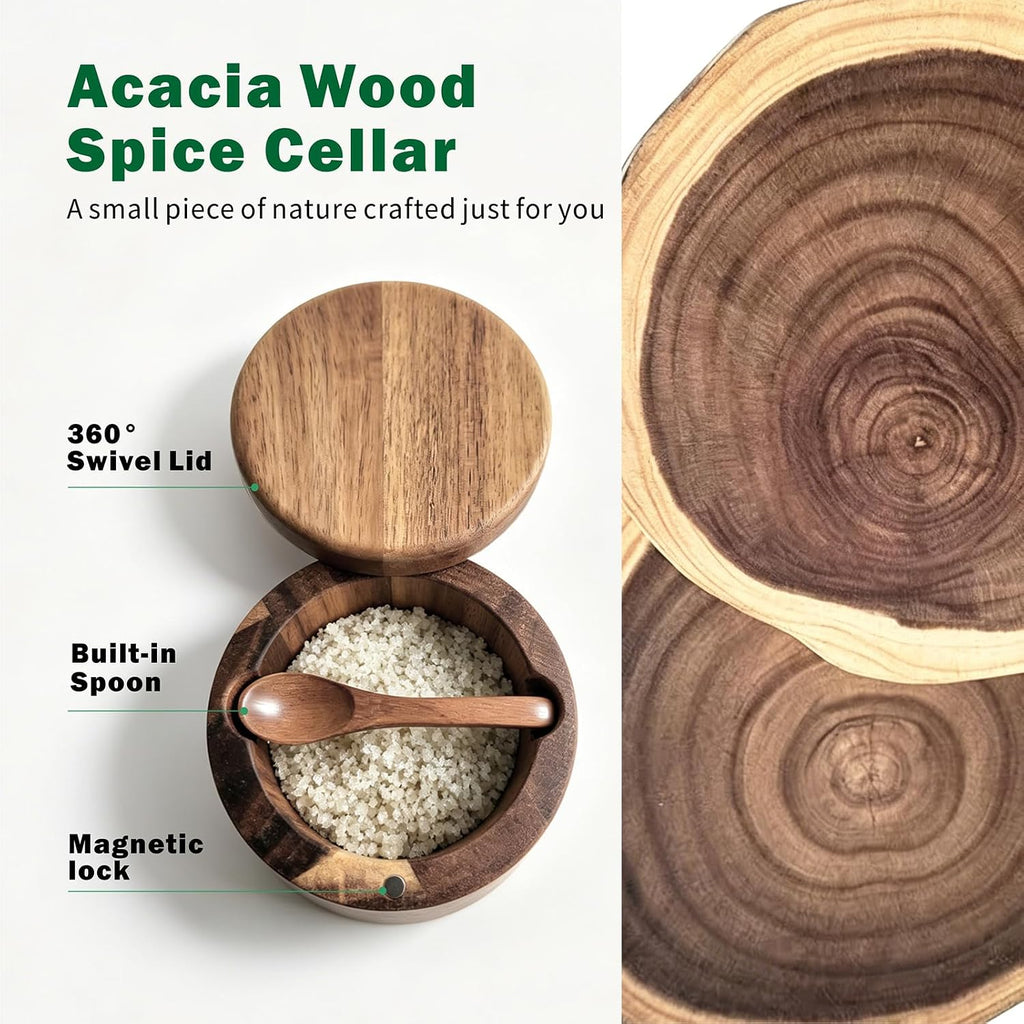 Salt Cellar, Acacia Wood Salt Containers with Lid for Countertop