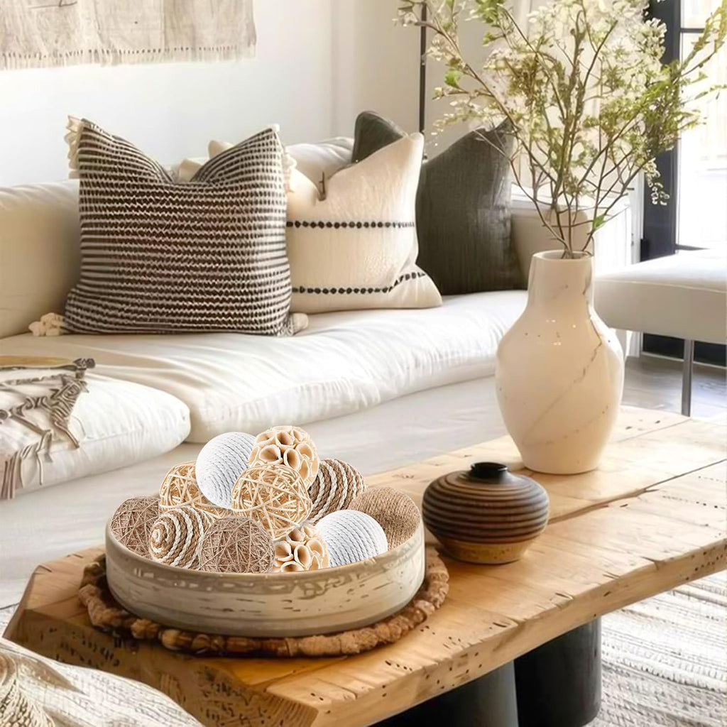 Decorative Balls for Centerpiece Bowls, Wicker Rattan Spherical Rustic Ball, Natural Bowl Fillers & Vase - Set of 12