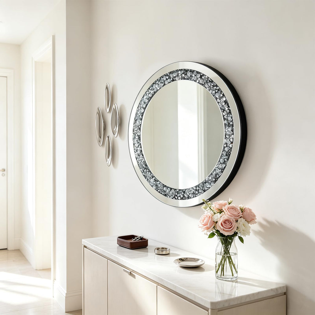 28x28in Crystal Crushed Diamond Decor Mirror, Round Wall Mirror, Silver Mirror, Home Decoration Hanging Mirror