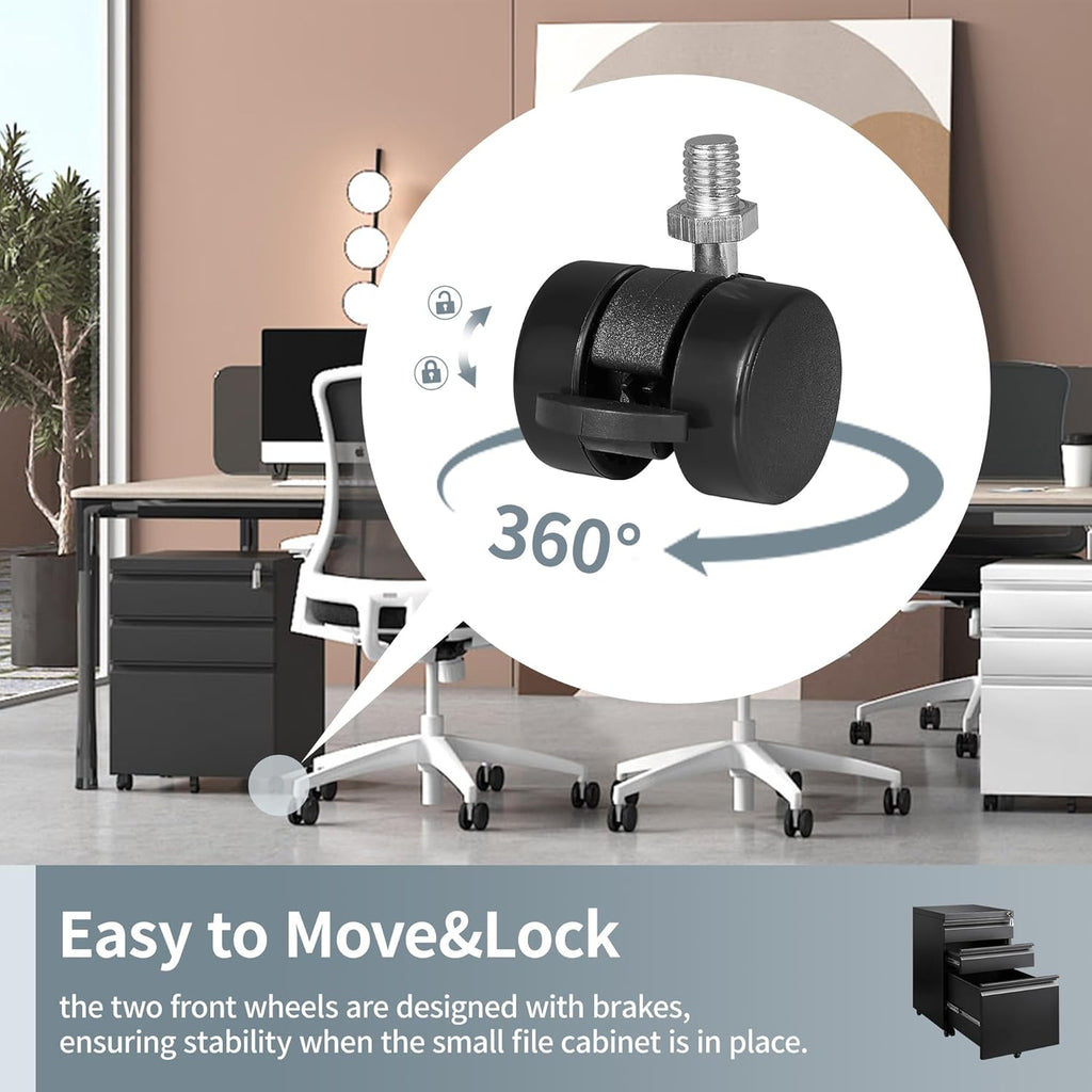 3 Drawer File Cabinet , Under Desk Mobile Filing Cabinet with Lock for A4-Size/Letter-Size/Legal-Size, Black (HSEJ-3D)