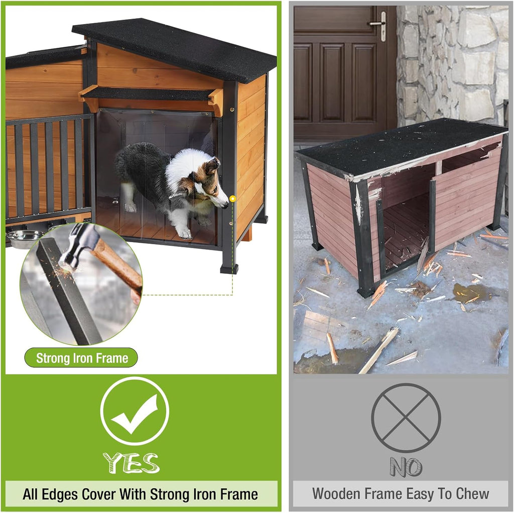Dog House Outdoor Dog Kennel with Chew-Proof Metal Frame, Rotating Food Bowl, PVC Door Curtain, Weatherproof