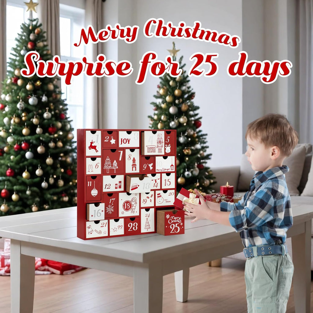 2025 Wooden Advent Calendar, 13 Inch Christmas Advent Calendar with 25 Large Drawers, Christmas Countdown Calendar
