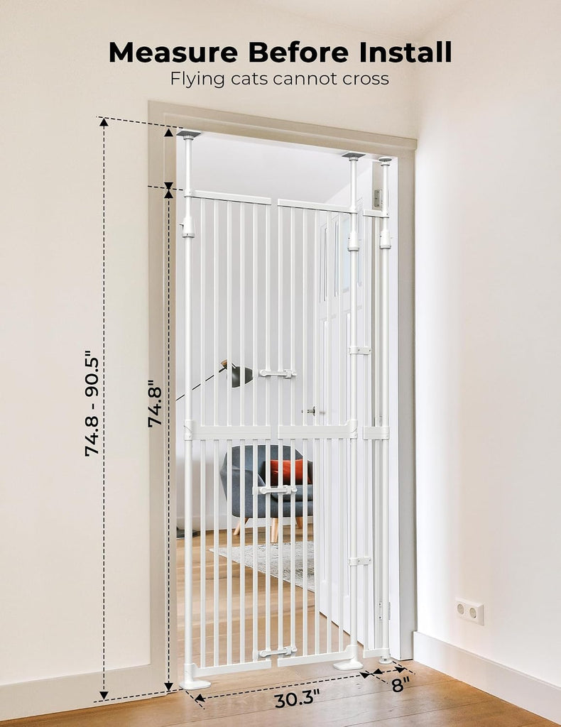 Extra Tall Cat Gate for Doorway: 74.8"-90.5" Tall Cat Gates for Pet 30.3"-38.2" Wide Pressure Mount No Wall Drilling