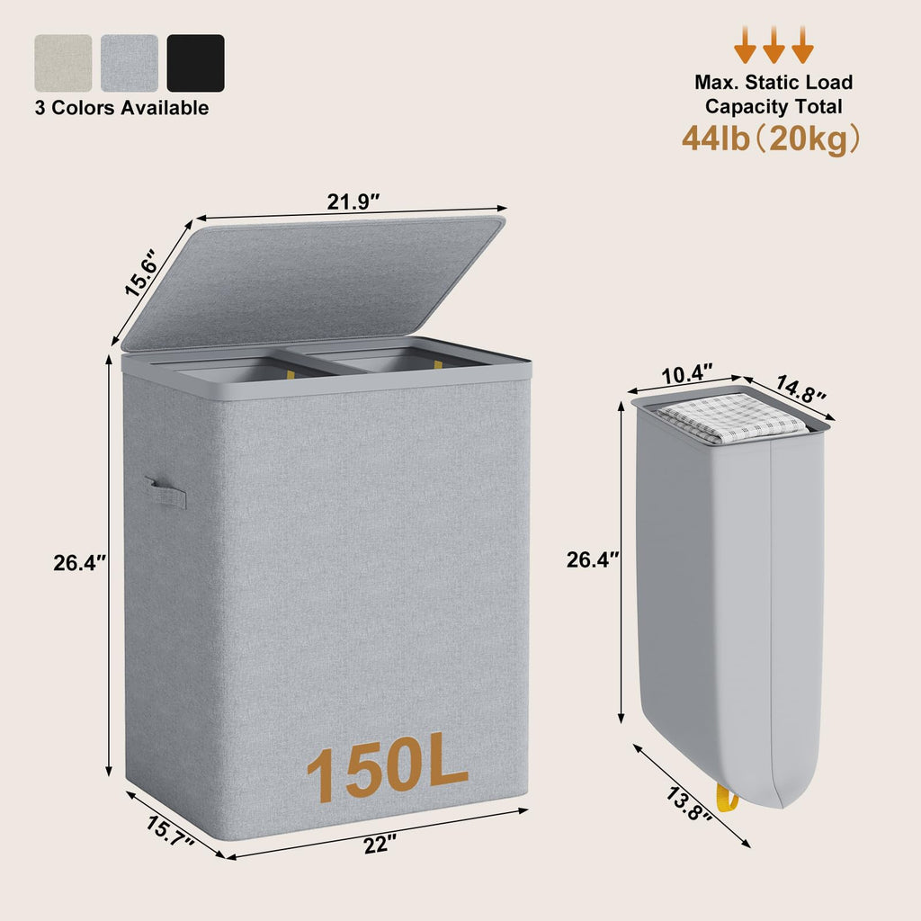 Double Laundry Hamper with Lid, 150L Large Laundry Basket 2 Compartments