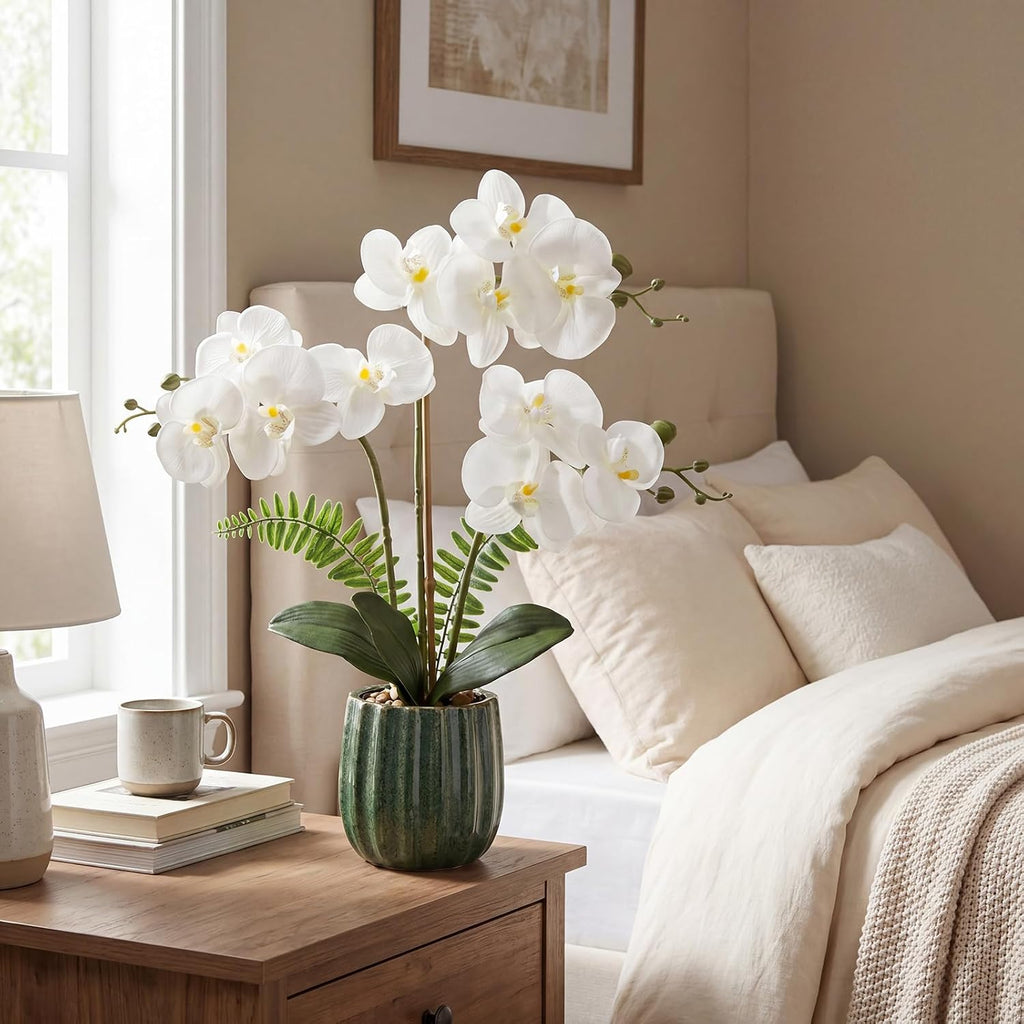 White Orchid Artificial Flowers in Ribbed Green Ceramic Pot, 18.9in Silk Orchid Fake Flower Real Touch Phalaenopsis