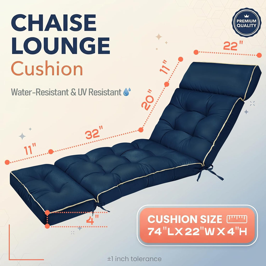 Chaise Lounge Cushion Outdoor, Memory Foam Replacement Patio Pool Lounge Chair Cushion with Ties for Outdoor