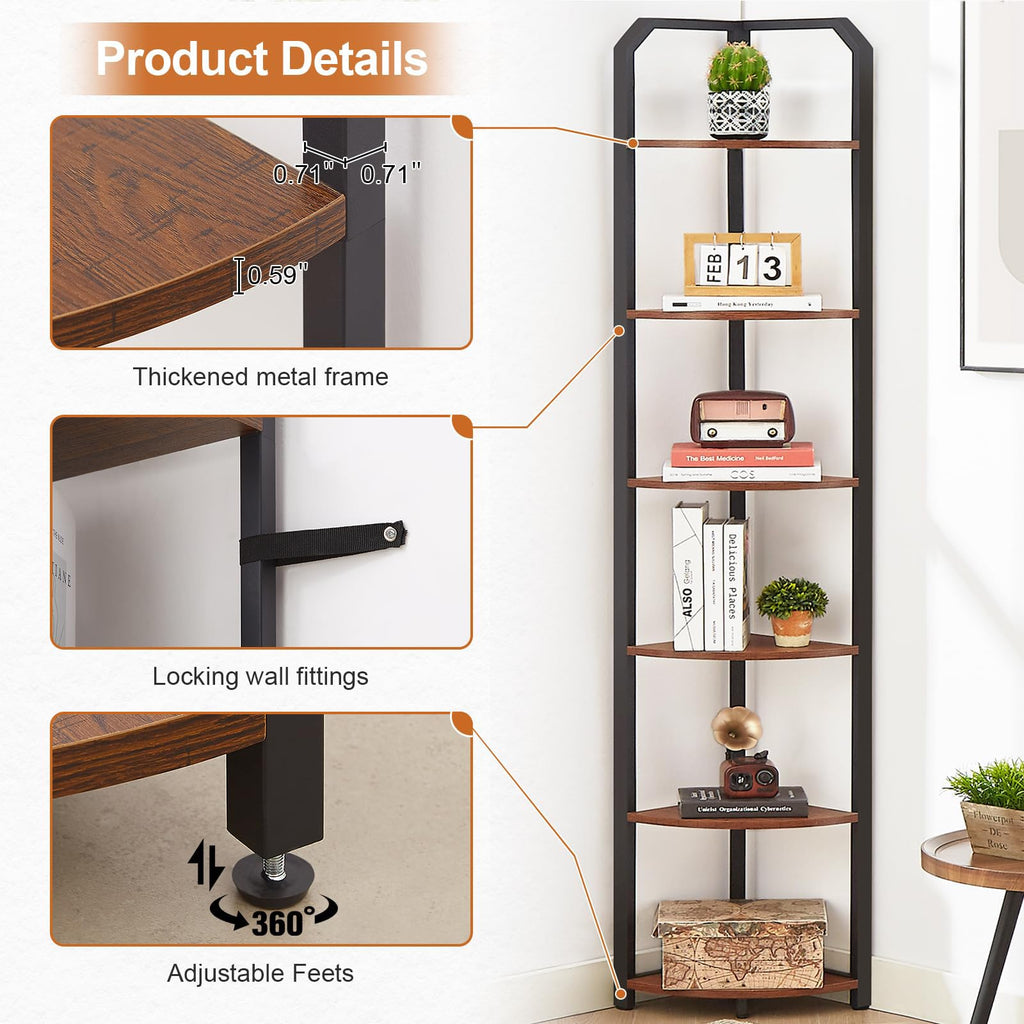 6‐Tier Corner Shelf, 71" Tall Narrow Corner Bookshelf, Brown