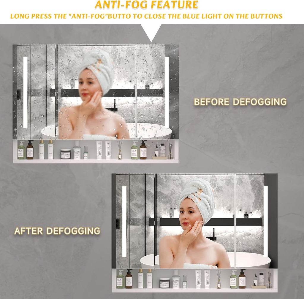 LED Medicine Cabinet with Mirror, 3-Color Dimmable Lighting & Anti-Fog, 2-Tier Hidden Storage + Open Shelf, Aluminum
