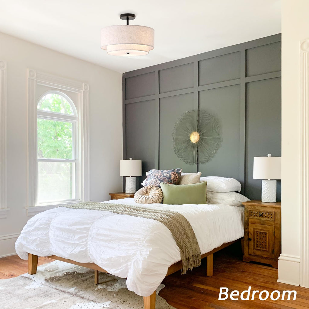 16" Double Drum 3-Light Semi Flush Mount Ceiling Light, Classic Fabric Linen Shade Design
