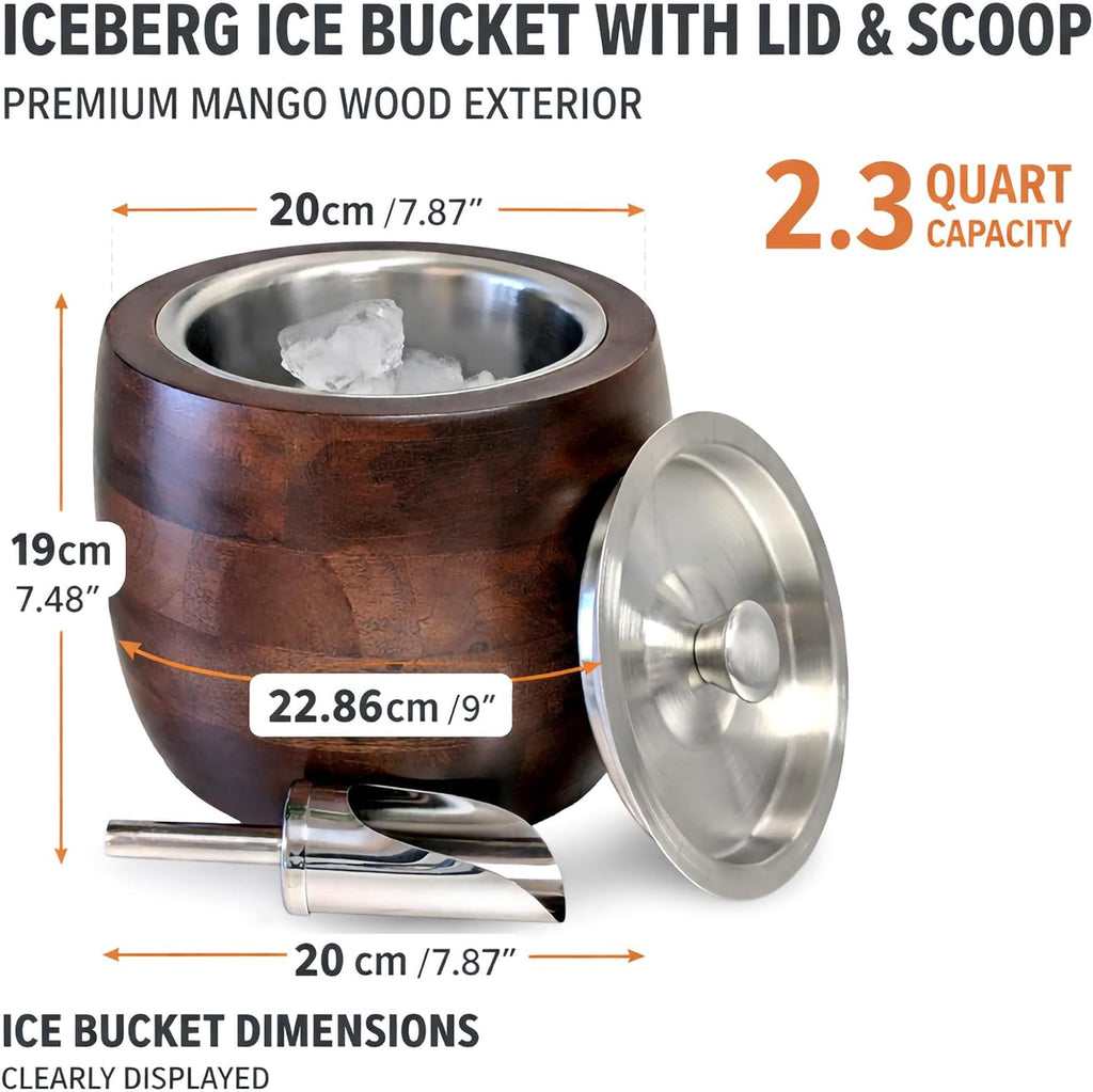 Iceberg 2.3 Quart Ice Bucket with Lid & Scoop - Mango Wood Ice Bucket with Stainless Steel Liner, Airtight Sealed