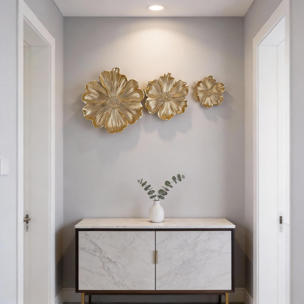 Gold Resin Floral Wall Art, Unique Wall Sculpture and Vintage Wall Décor, Perfect, Room, and Bathroom Wall - Set of 3