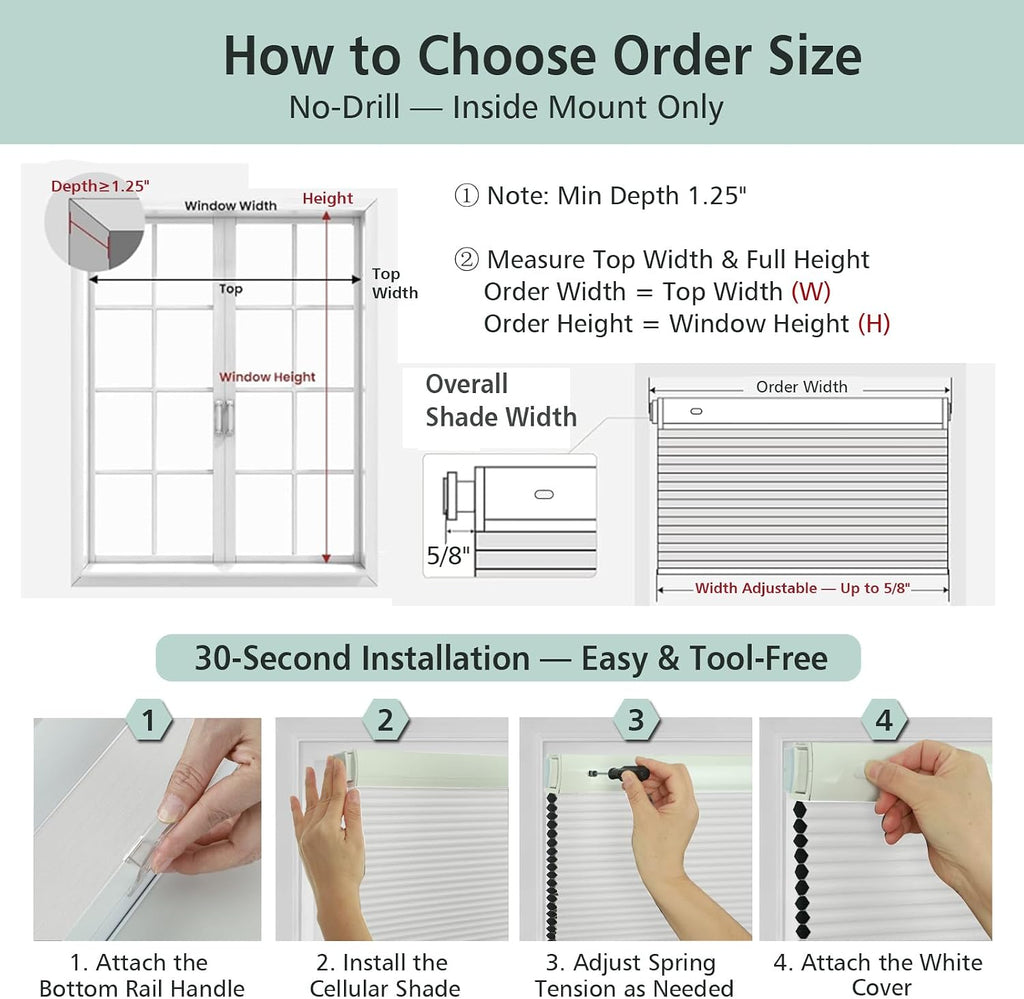 Cordless No Drill Blackout Cellular Shades, Tool-Free Installation Honeycomb Blinds, Room Darkening Privacy Thermal