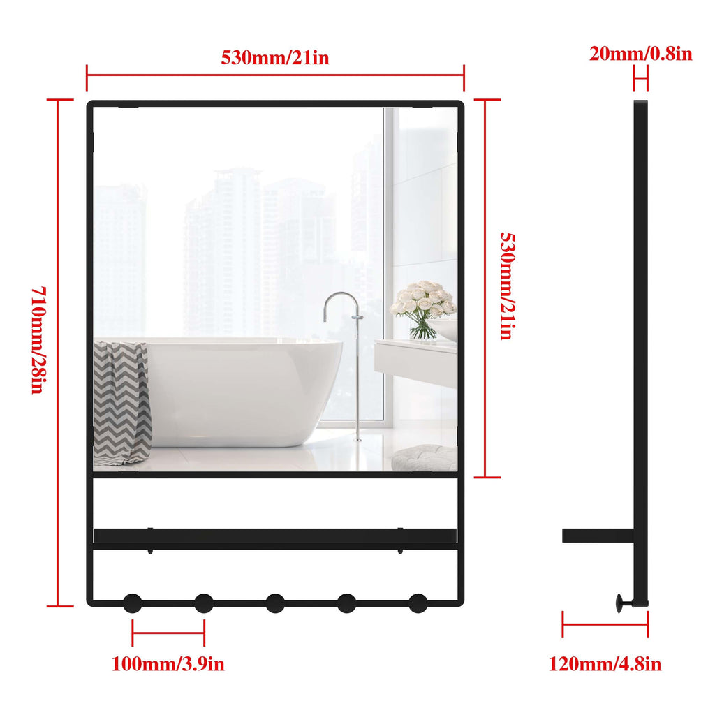 Wall Mirror with Shelf and Hooks,Bathroom Vanity Mirror with Hooks, 21 X 28 inch Metal Framed Decorative Mirror