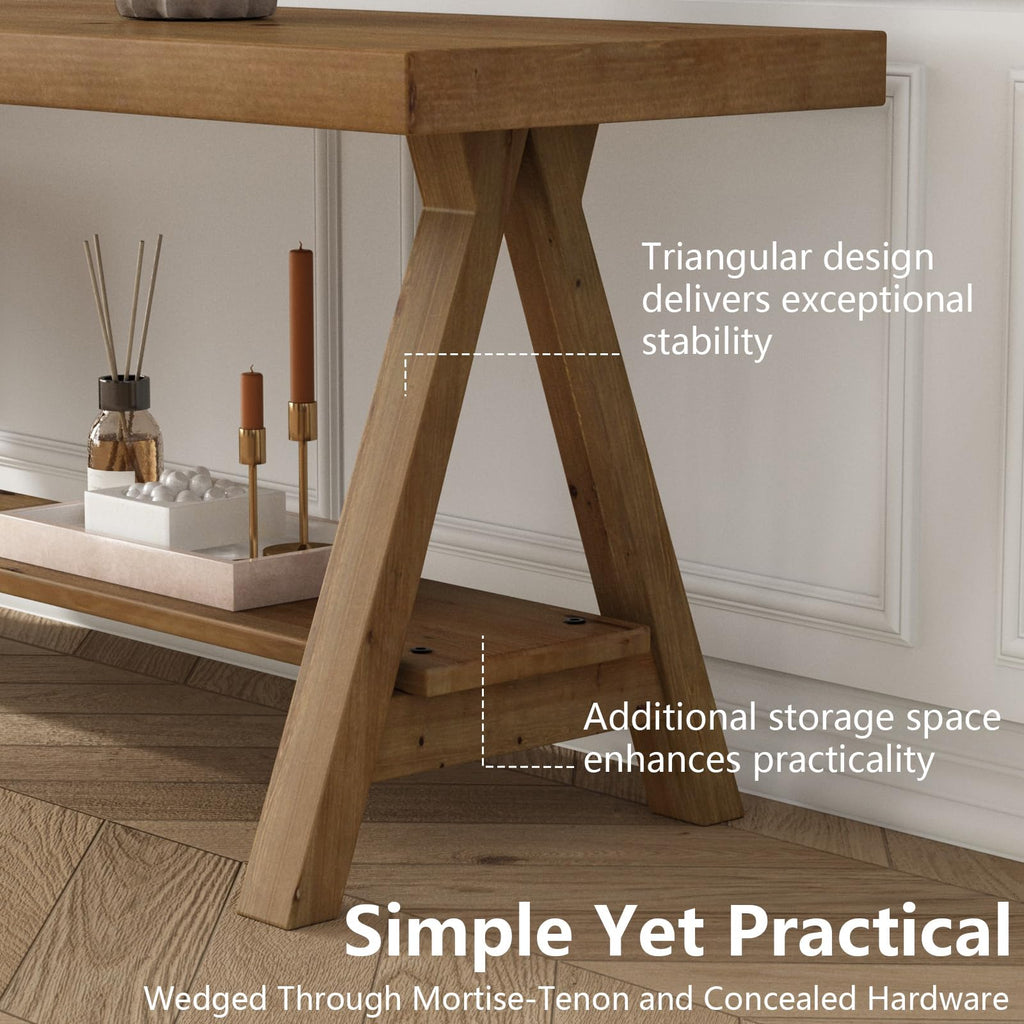 54" Solid Wood Bench, Long Entryway Bench with Shoe Storage