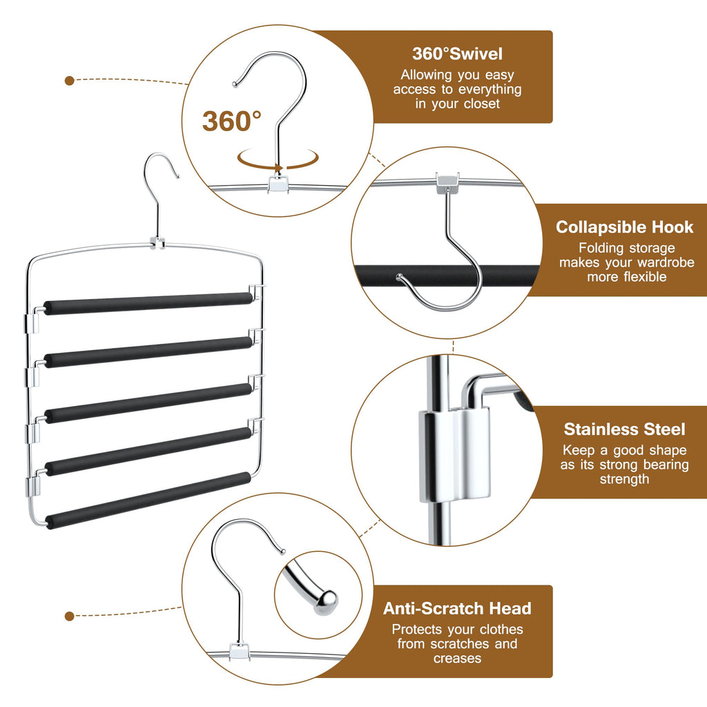 Pants Hangers, 6 Pack Anti-Slip Space Saving Hangers, 5 Layer Swing Arm Pants Hanger Stainless Steel with Non-Slip