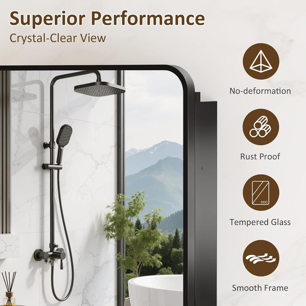 Medicine Cabinet Mirror 30x32 Inch, Black Bathroom Mirror Cabinet with Stepless Adjustable Shelves, Double Doors