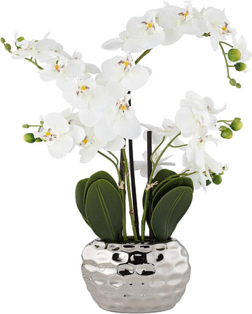 Potted Faux Artificial Flowers Arrangements Realistic White Phalaenopsis Orchid in Silver Pot Home Decoration Living