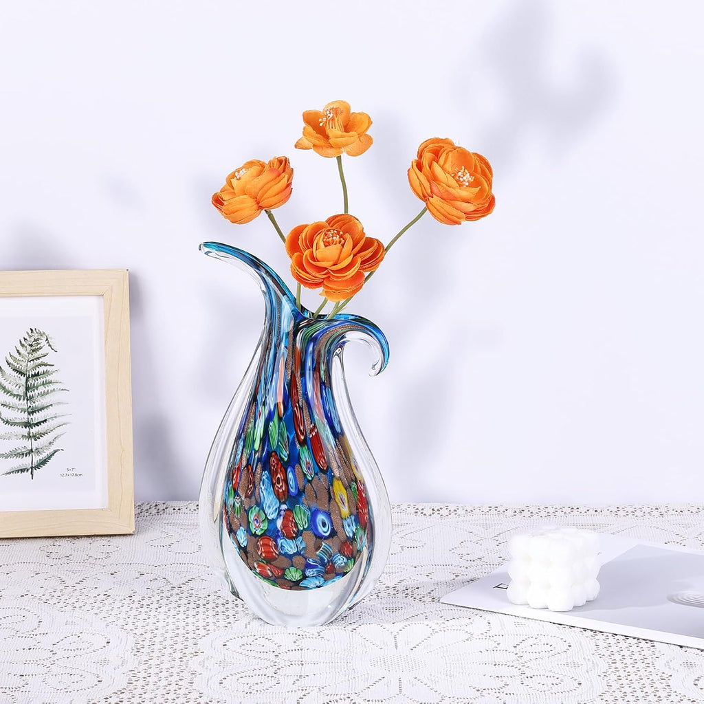 Hand Blown Glass Vase for Centerpiece, Murano Style Table Decoration, Blue Blown Art Glass Ellipse Flower Vase