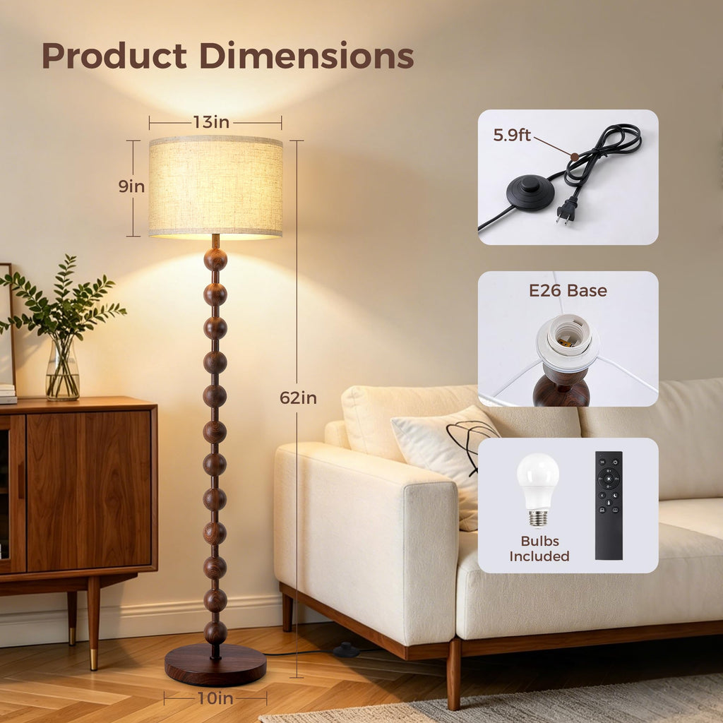 62" Farmhouse Floor Lamp with Remote, Dimmable Standing Lamp, Walnut Grain