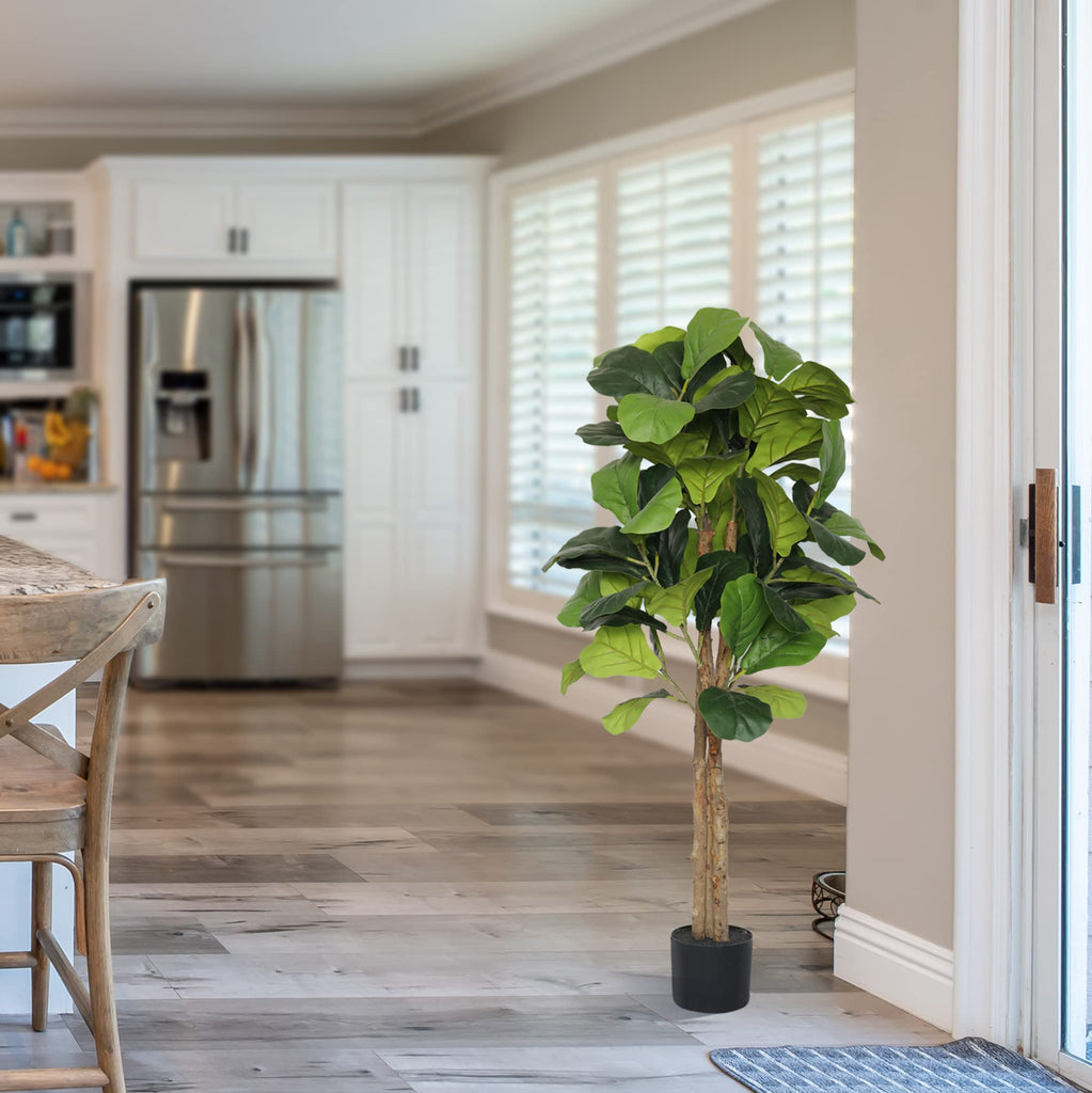 4ft Fiddle Fig Tree Artificial, Faux Fig Tree w/ 75 Leaves & 3 Trunks, Fake Ficus Lyrata Plant Real Touch Technology