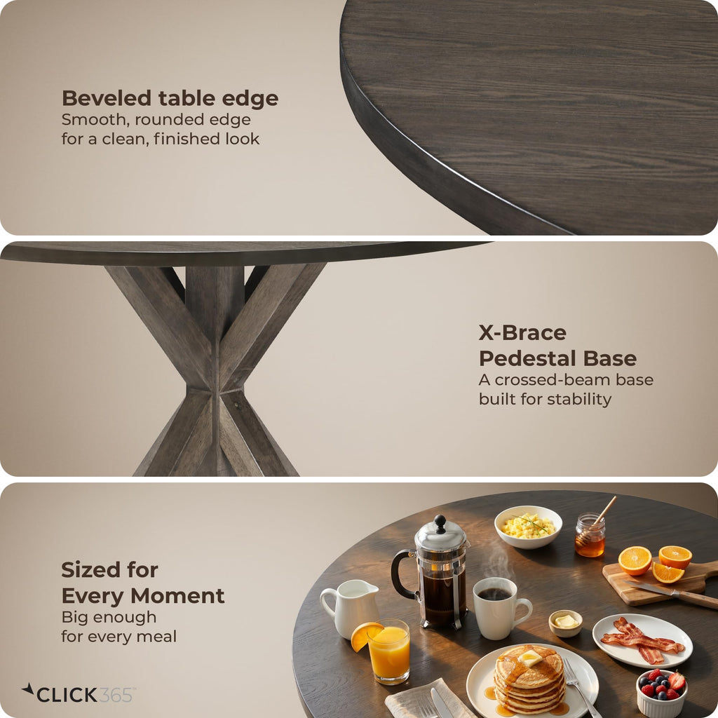 Alfred 46.5 Inch Round Solid Wood Dining Table for 4, Rustic Farmhouse Kitchen Table with Wood Finish and Trestle