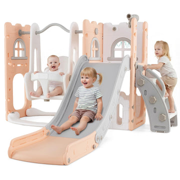 Toddler Slide and Swing Set, 7 in 1 Kids Indoor Outdoor Playground with Climber Basketball Hoop Telescope Toy Storage