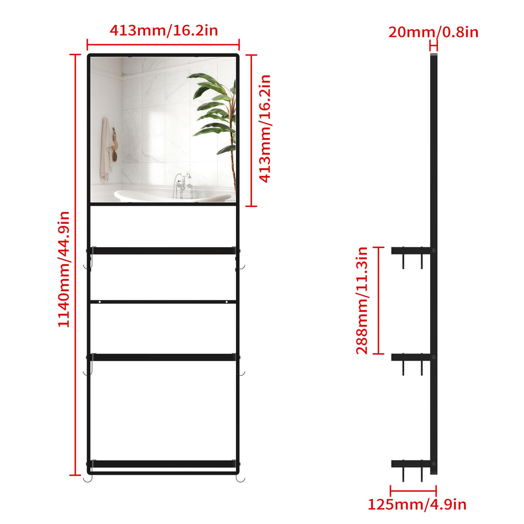 45" X 16" Black Wall Mirror with Shelf and Hooks, Rectangle Mirror for Wall, 3 Trays and 12 Removable Hooks