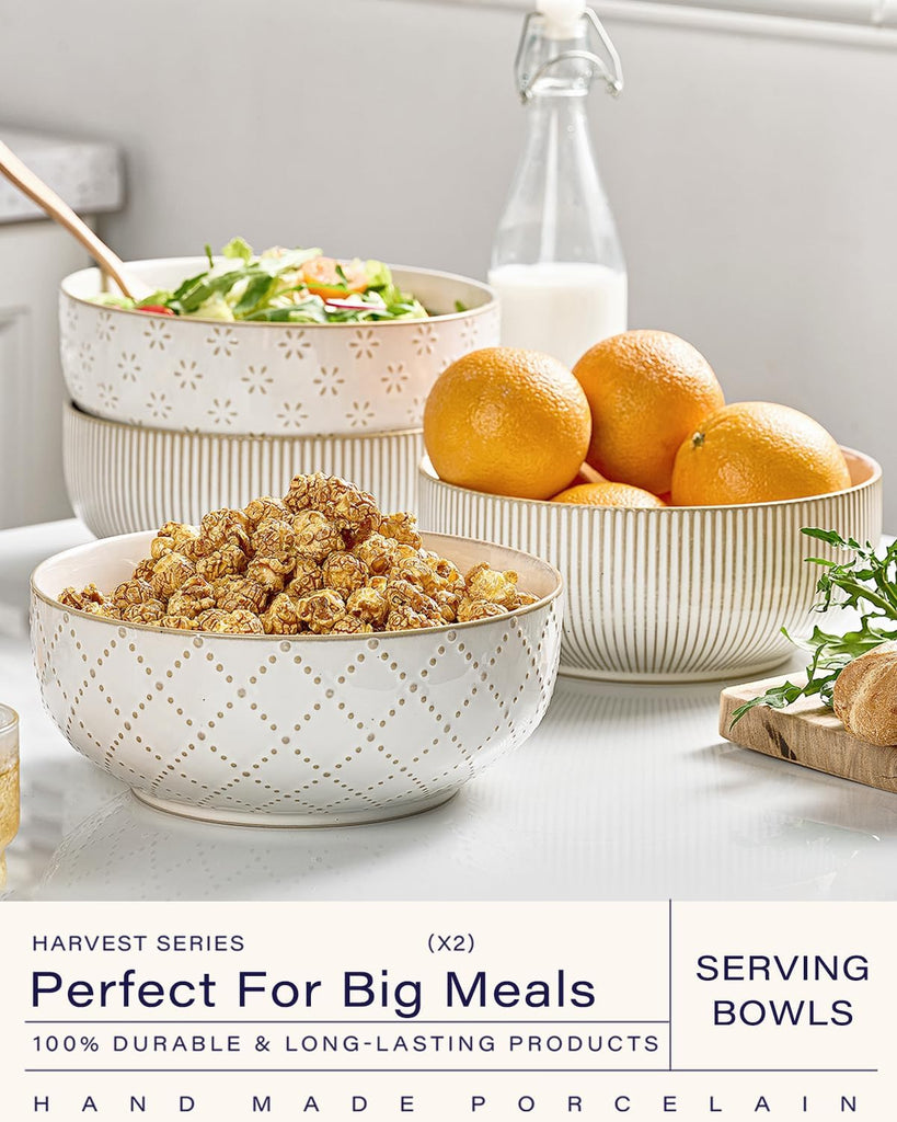 Large Serving Bowls (8 inch & 60 fl oz), Ceramic Salad Bowl Set of 2, Microwave and Dishwasher Safe, Farmhouse
