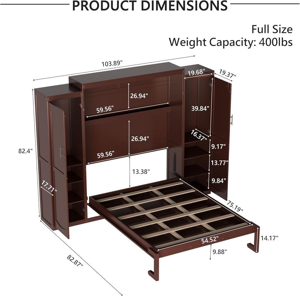 Full Vertical Murphy Bed with Wardrobe,Cabinet,and Storage Shelves,Wood Foldable Hidden Murphy Wall Bed for Adults